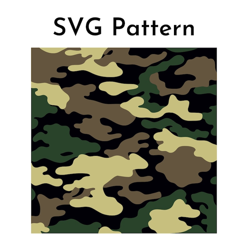 May include: A camouflage pattern design in shades of green, brown, and tan, with black accents. The text "SVG Pattern" is displayed above the pattern. This design is suitable for various applications.