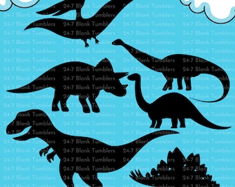 May include: Silhouettes of various dinosaurs on a light blue background with the text "24-7 Blank Tumblers" repeated throughout the image.