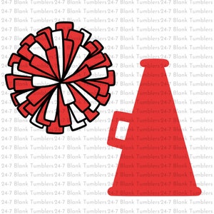 May include: A red and white cheerleading pom-pom with a red megaphone. The pom-pom is made of white and red petals. The megaphone is a traditional design with a red body and a black handle.