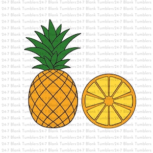 May include: A yellow pineapple with green leaves and a yellow lemon slice with a black outline.