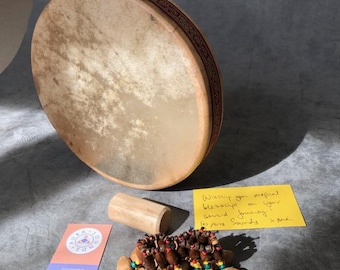 Ocean Drum 12 Inch Rattle Gift Box: Birch Wood Sand Shaker, Cha Cha Nut Seed Bracelet Goatskin Drum Head Percussion Sea Waves Sound Healing