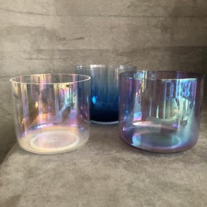 3 x Crystal Singing Bowls Set Clear 6.5&quot; 6&quot; Inch Notes F, A# & D Heart Third Eye Pineal Gland Sacral Chakra 3rd / 4th Octave Sound Therapy