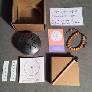 Silver Steel Tongue Drum Sound Healing Gift Box 4 Inch 6 Note Hand Percussion Handpan Pad, Sticks + Rosewood Beaded Buddha Karma Bracelet