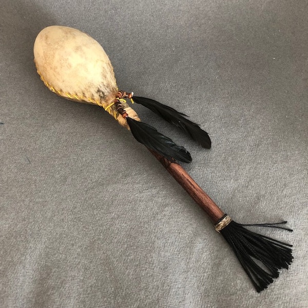 Shaman Rattle Handmade Natural Wood, Feather & Goatskin Traditional Native American Shamanic Pagan Ceremonial Maraca Shaker