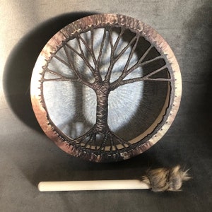 Vegan Shaman Drum 10 Inch Birch Wood Frame Hand Held Percussion Mandala Tree of Life Wood Mallet Beater Sound Therapy Healing Instrument image 4