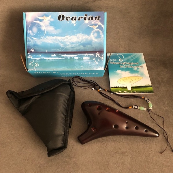 Ocarina Brown Ceramic Alto C 12 Hole Flute Music Instrument Christmas Xmas Gift Box + Pouch & Holder Zelda Ocarina of Time