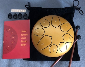 Steel Tongue Drum 6" Inch 8 Note Gold Hand Percussion Handpan Pad + Sticks & Cotton Bag