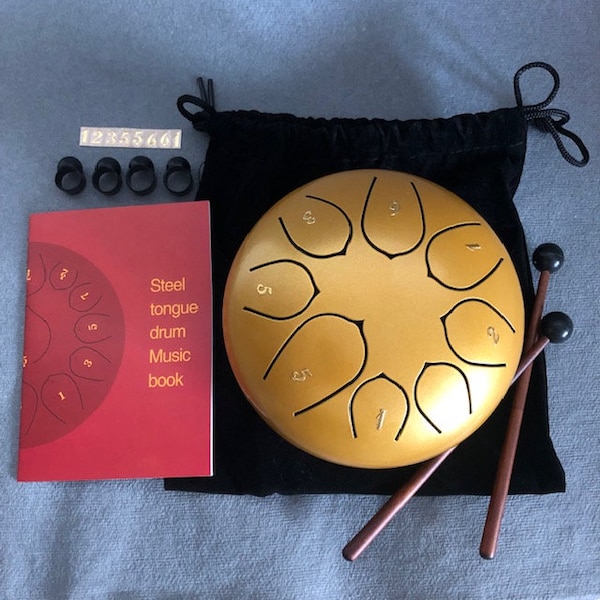 Steel Tongue Drum 6" Inch 8 Note Gold Hand Percussion Handpan Pad + Sticks & Cotton Bag