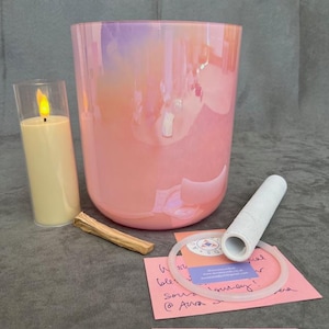 Crystal Singing Bowl Gift Box Set 6.75&quot; Pink C 432Hz Root Chakra Sound Healing Clear Tones Alchemy Therapy Candle Palo Santo Wood Incense
