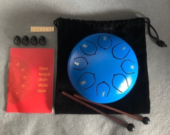 Steel Tongue Drum 6" Inch 8 Note Blue Hand Percussion Handpan Pad + Sticks & Cotton Bag