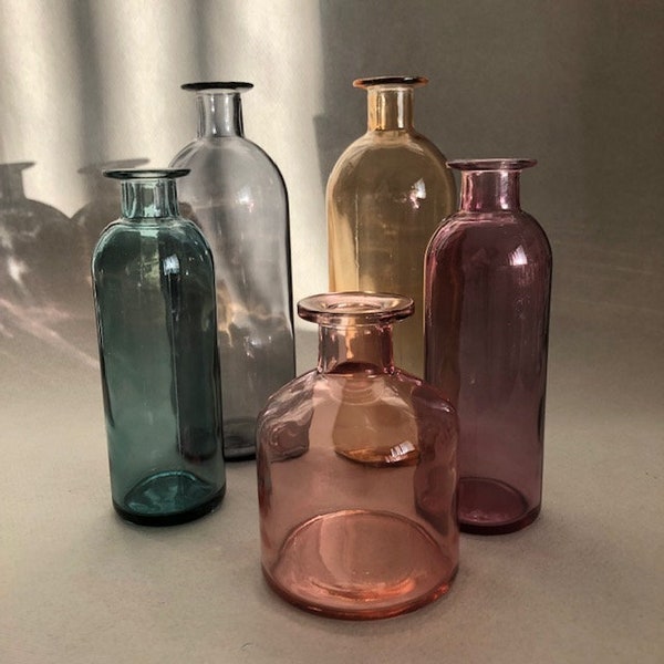 Apothecary Bottle Shape Glass Vases Nordic Style Clear Transparent Minimal Cottage Core Pink, Purple, Amber, Turquoise or Grey