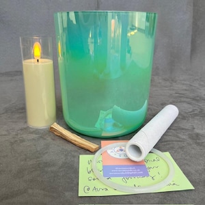 Crystal Singing Bowl Gift Box Set 6.25&quot; Green F 432Hz Heart Chakra Sound Healing Clear Tones Alchemy Therapy, Candle Palo Santo Wood Incense