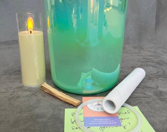 Set regalo di campane tibetane di cristallo da 6,25" verde F 432Hz, guarigione del chakra del cuore, toni chiari, terapia alchemica, candela, incenso al legno di Palo Santo