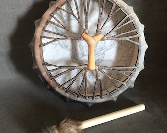 Vegan Shaman Drum 10" Inch Birch Wood Frame Hand Held Percussion Wood Mallet Beater Sound Therapy Healing Musical Instrument