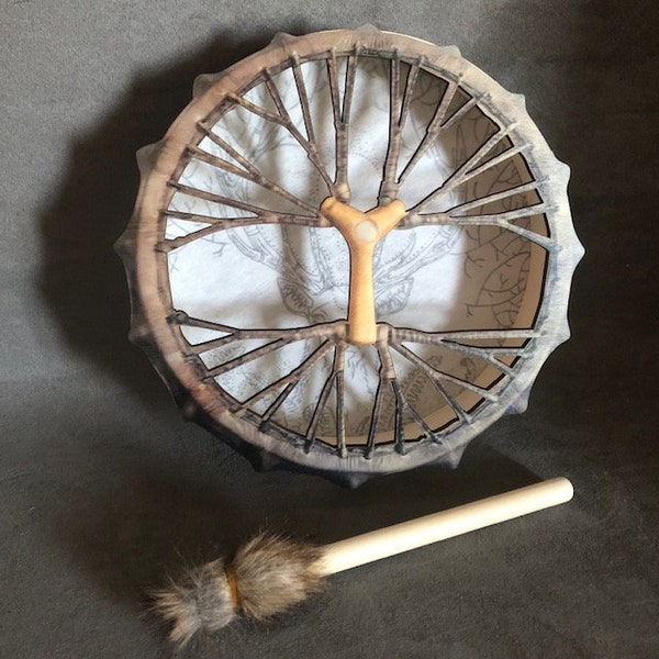 Tambour chaman végétalien 25,4 cm (25,4 cm) cadre en bois de bouleau, percussion à main, marteau en bois, thérapie par le son, instrument de musique de guérison