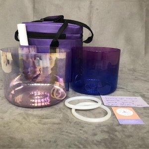 2 x Crystal Singing Bowl Set Clear Blue Pink Ombre 7&quot; Inch Note B Crown & 7.75&quot; F Violet Heart Chakra Sound Therapy Healing Tones Alchemy