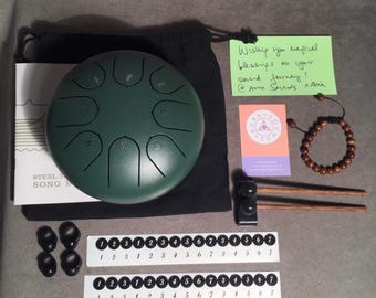 Green Steel Tongue Drum Sound Healing Gift Box 6 Inch 8 Note Hand Percussion Handpan Pad, Sticks, Pouch + Rosewood Beaded Buddha Bracelet