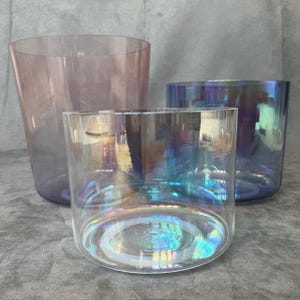 3 x Crystal Singing Bowls Set Blue Clear 6&quot; 7&quot; Inch Notes F, A & C Heart Third Eye Pineal Gland Root Chakra 3rd / 4th Octave Sound Therapy