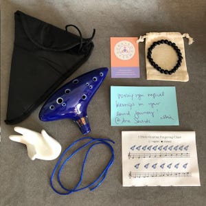 Ocarina Sound Healing Gift Box Relax and Reset Theme Dark Blue Ceramic Alto C 12 Hole, Padded Pouch, Neck Cord, Black Onyx Bead Bracelet