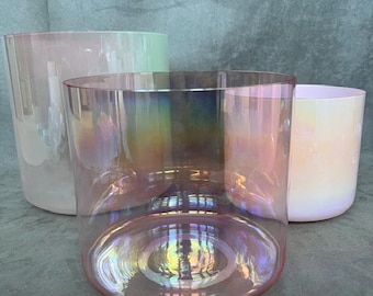 Set di 3 campane tibetane di cristallo rosa, acquamarina e trasparenti, 20 x 18 cm, note Fa e Do, chakra della radice del cuore, ottava 3a/4a, terapia del suono.