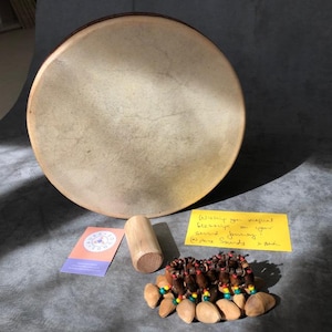 Ocean Drum 10 Inch Rattle Gift Box: Birch Wood Sand Shaker, Cha Cha Nut Seed Bracelet Goatskin Drum Head Percussion Sea Waves Sound Healing