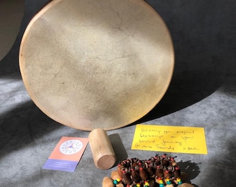 Ocean Drum 10 Inch Rattle Gift Box: Birch Wood Sand Shaker, Cha Cha Nut Seed Bracelet Goatskin Drum Head Percussion Sea Waves Sound Healing