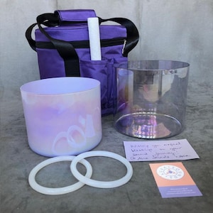 2 x Crystal Singing Bowl Set Clear Aurora 6.75&quot; Inches Note C Root and 6&quot; Opaque Violet F Heart Chakra Sound Tones Healing Alchemy Therapy