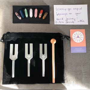 Angel Tuning Fork Gift Set Crystal Gateway to Angelic Kingdom 4096Hz 4160Hz 4225Hz Wood Mallet, 7 Chakra Crystals & Velvet Pouch Bag