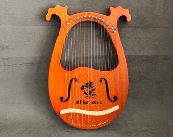 16 String Lyre Mahogany String Instrument, Handmade Musical Harp Antler Deer Shape Flower Motif