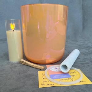 Crystal Singing Bowl Gift Box Set 6.5&quot; Orange D 432Hz Sacral Chakra Sound Healing Clear Tones Alchemy Therapy Candle Palo Santo Wood Incense