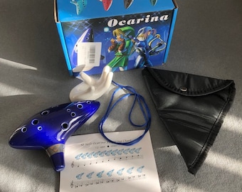Zelda Ocarina of Time Blue Ceramic Alto C 12 Hole Flute Music Instrument Christmas Xmas Gift Box + Pouch & Holder