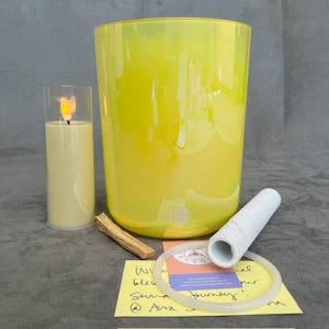 Crystal Singing Bowl Gift Box Set 6.25&quot; Yellow E 432Hz Solar Plexus Chakra Sound Healing Clear Tones Alchemy Therapy Candle Palo Santo Wood