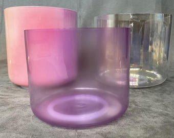 Juego de 3 cuencos de cristal de 6" transparentes de color púrpura, notas B, D, G, chakra corona, sacro, garganta, terapia de sonido, alquimia, sanación, meditación, baño, 4.ª octava.