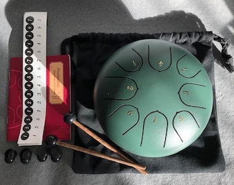 Steel Tongue Drum 6 Inch 8 Note Green Hand Percussion Handpan Pad + Sticks & Cotton Bag