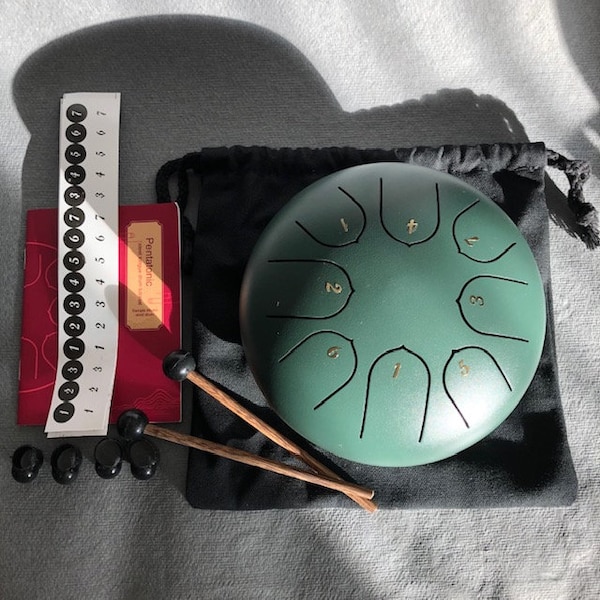 Steel Tongue Drum 6 Inch 8 Note Green Hand Percussion Handpan Pad + Sticks & Cotton Bag