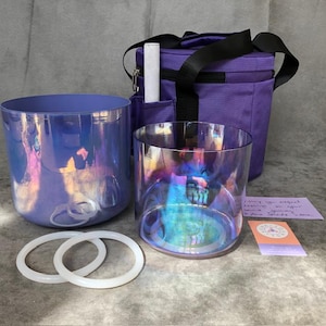 2 x Crystal Singing Bowl Set Violet Aurora 6.75&quot; Inches Note C# Root and 5.75&quot; Clear Throat Chakra Sound Therapy Healing Tones Alchemy + Bag