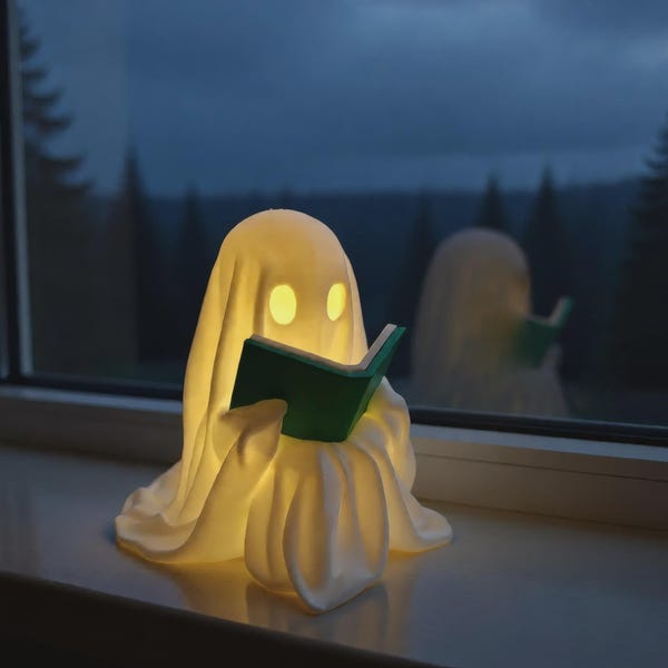 Linterna con forma de fantasma leyendo un libro con vela LED - Decoración de Halloween