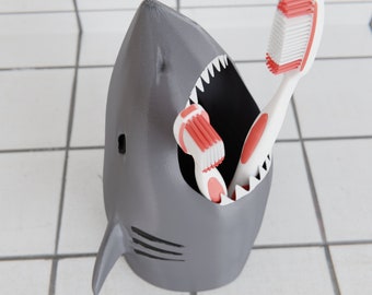 Shark Toothbrush Holder - 3D Printed and Hand Painted Kids Bathroom Decor