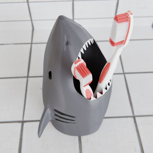 Shark Toothbrush Holder - 3D Printed and Hand Painted Kids Bathroom Decor