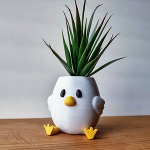 May include: White ceramic planter shaped like a chick with yellow feet and beak, holding a green succulent plant.