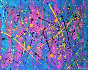 May include: Abstract painting with a blue background and splashes of pink, yellow, and black paint. The painting has a chaotic and energetic feel.