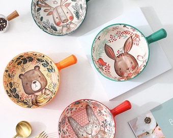 Tazón de cerámica de un solo mango hecho a mano / Diseño animal pintado a mano Tazón grande / Ramen / Ensalada / Tazón de sopa / Tazón de flores creativo japonés
