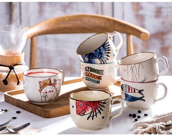 Handmade Unique Japanese Cartoons Style Ceramic Mug | Hand Painted | Mega Size Mug | Ramen Soup Cup | Coffee Mug