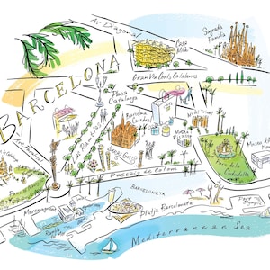 Carte illustrée de Barcelone par Inky Mitch. Imprimé Giclée en édition limitée signée.