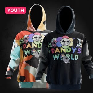 May include: Two youth-sized hoodies with a colorful cartoon design. One hoodie is black with the text "DANDY'S WORLD" and the other is multi-colored with the text "DAND WORLD".