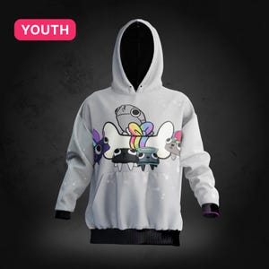 May include: A white youth-sized hoodie with a black hood and a graphic print of cartoon characters on a bone. The characters are a grey alien, a black cat, a white cat, and a brown dog. The bone is rainbow colored.