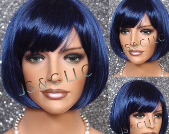 Synthetic Full Cap Wig Brown Hair Blue Highlights Short Bangs Yaki Straight  Alt 2000S Cosplay Y2K Blunt Cut Bratz Doll Waifu 