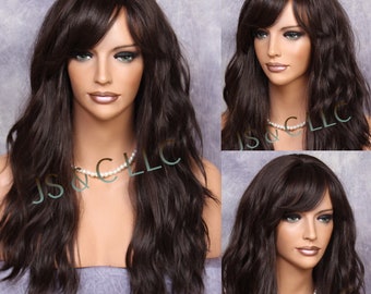 Beautiful Human Hair Blend Wig Dark Brown Long Wavy Center - Etsy