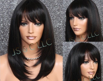 BLACK AUBURN MIXED Human hair Blend Wig Face Frame Razor Cut Heat Ok Full Bangs Center Part Straight Long Hair Cancer/Alopecia/Cosplay