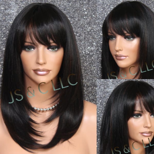 BLACK AUBURN MIXED Human hair Blend Wig Face Frame Razor Cut Heat Ok Full Bangs Center Part Straight Long Hair Cancer/Alopecia/Cosplay